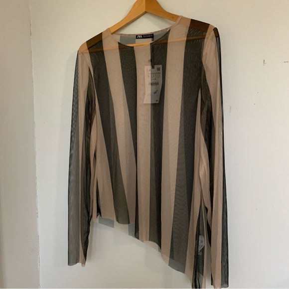 ZARA STRIPED ASYMMETRICAL BLACK AND BEIGE MESH TOP NWT - Picture 2 of 9